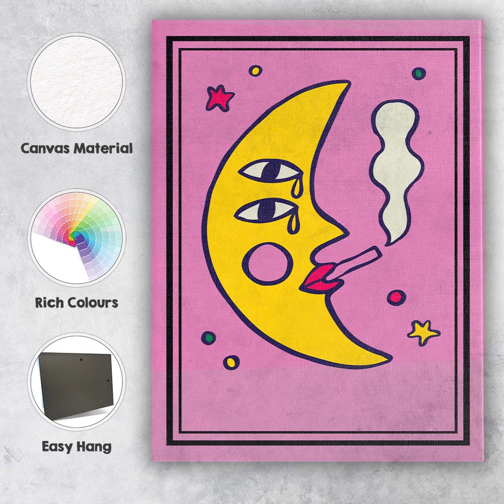 Whimsical Celestial Moon Face Smoking Surreal Illustration Canvas Wall Art Print Decor Picture Ready to Hang