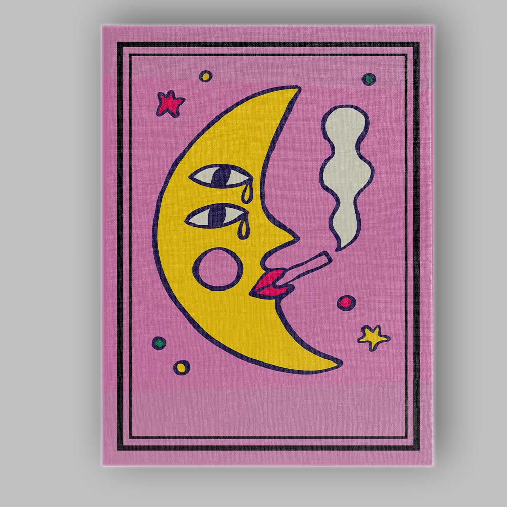 Whimsical Celestial Moon Face Smoking Surreal Illustration Canvas Wall Art Print Decor Picture Ready to Hang