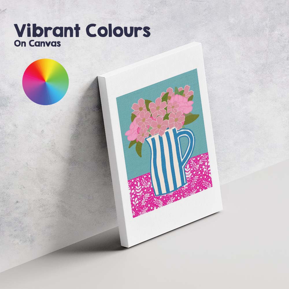 Blue Striped Ceramic Jug Pink Floral Bouquet Still Life Canvas Wall Art Print Decor Picture Ready to Hang