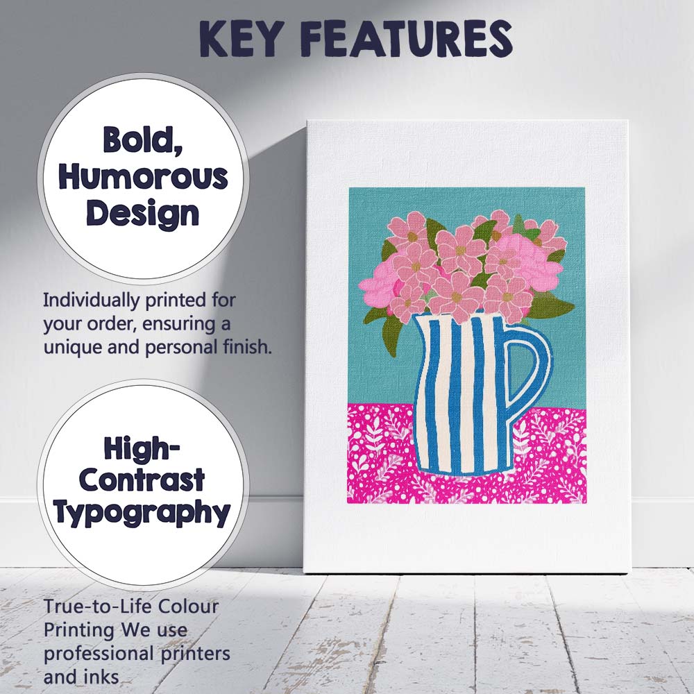Blue Striped Ceramic Jug Pink Floral Bouquet Still Life Canvas Wall Art Print Decor Picture Ready to Hang