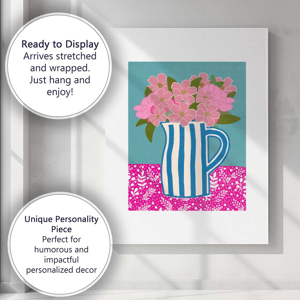 Blue Striped Ceramic Jug Pink Floral Bouquet Still Life Canvas Wall Art Print Decor Picture Ready to Hang