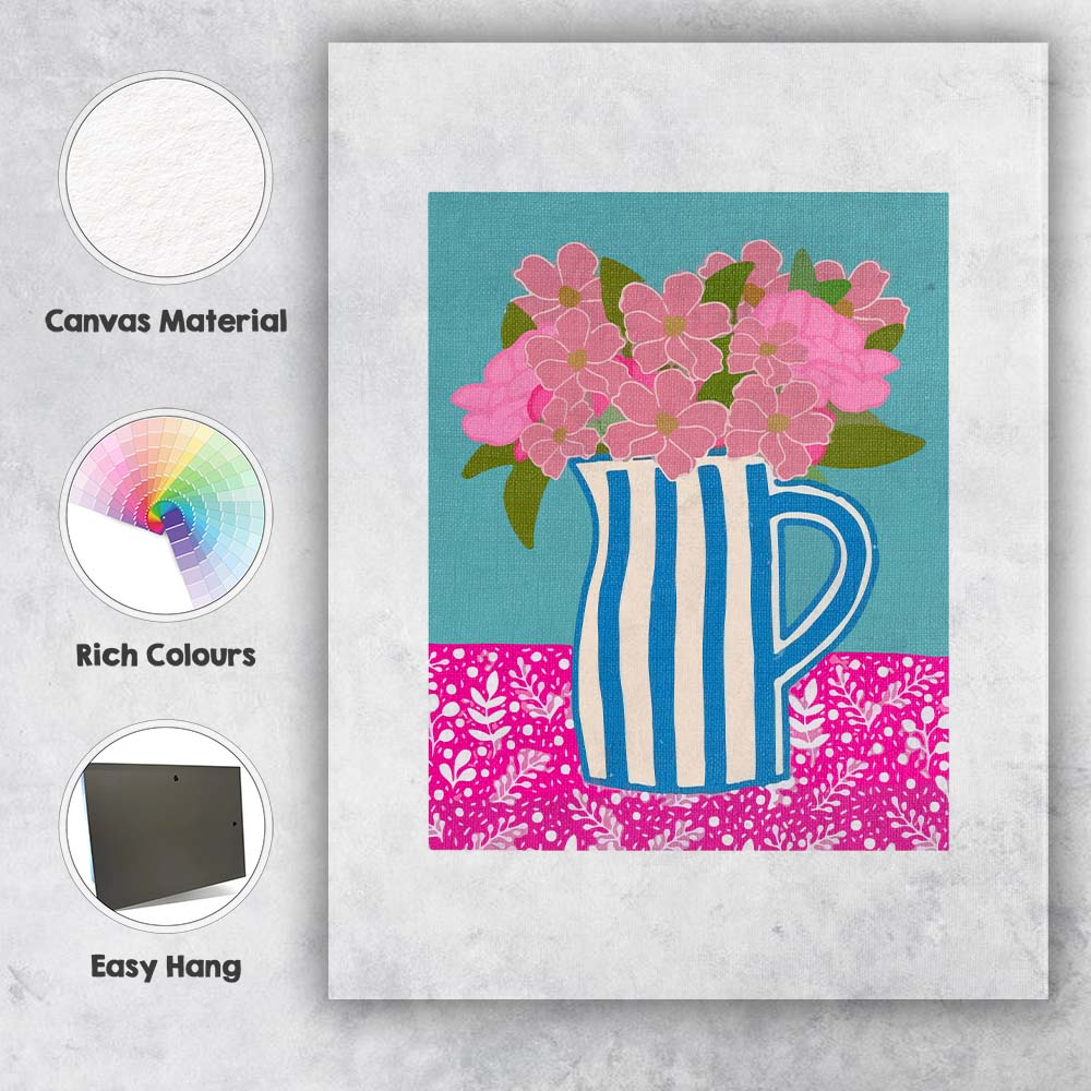 Blue Striped Ceramic Jug Pink Floral Bouquet Still Life Canvas Wall Art Print Decor Picture Ready to Hang