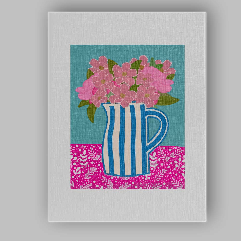 Blue Striped Ceramic Jug Pink Floral Bouquet Still Life Canvas Wall Art Print Decor Picture Ready to Hang