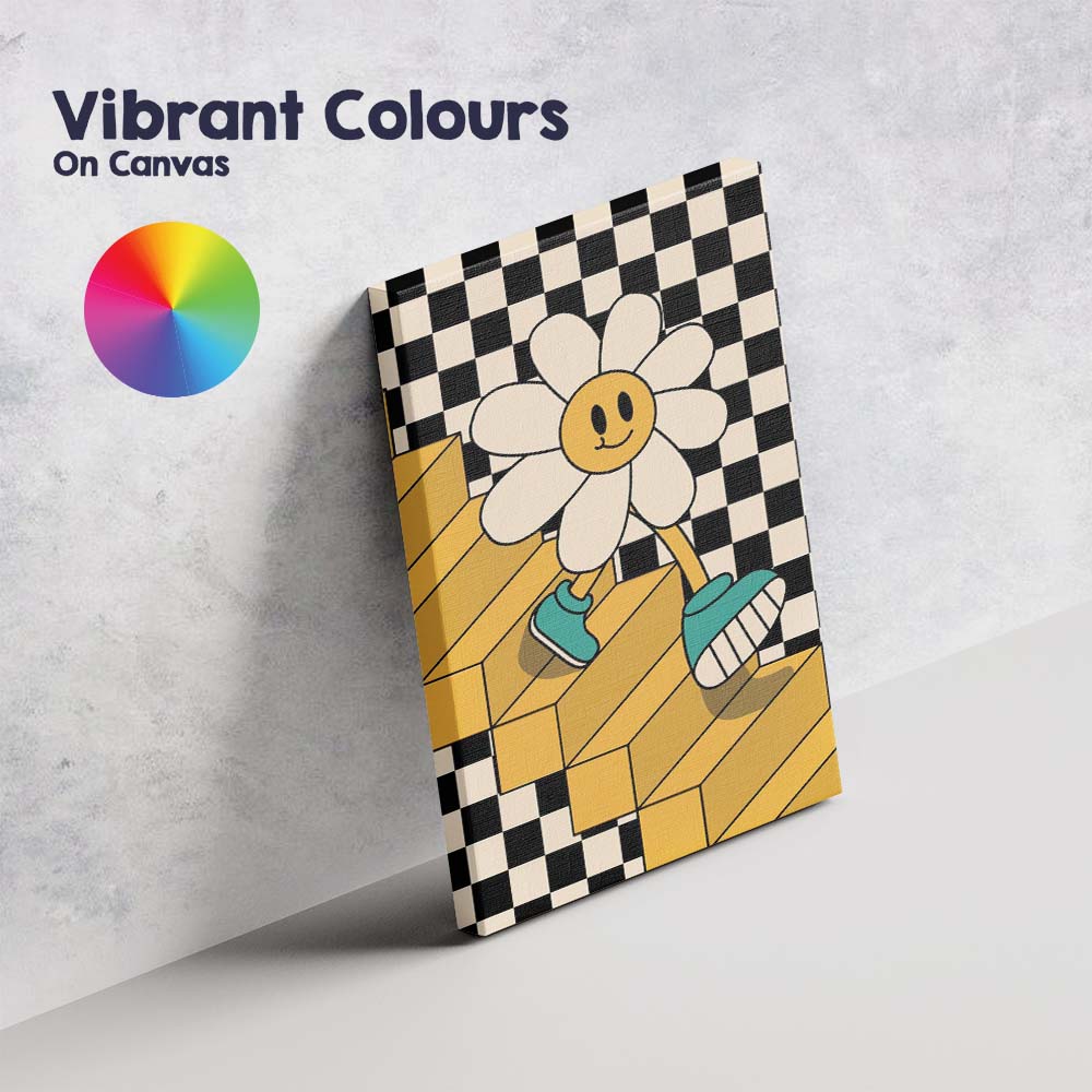 Smiling Daisy Walking On Checkerboard Stairs Retro Pop Art Canvas Wall Art Print Decor Picture Ready to Hang