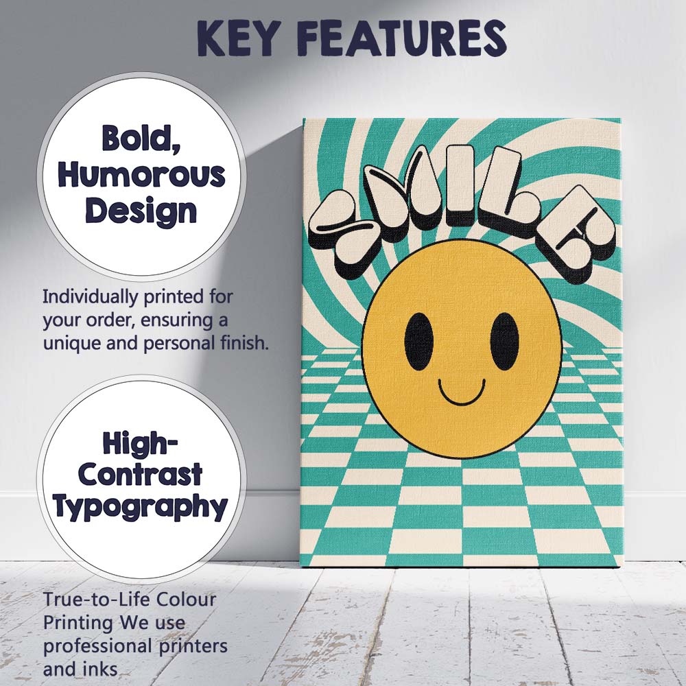 Smile Happy Face Retro Optical Illusion Typography Canvas Wall Art Print Decor Picture Ready to Hang