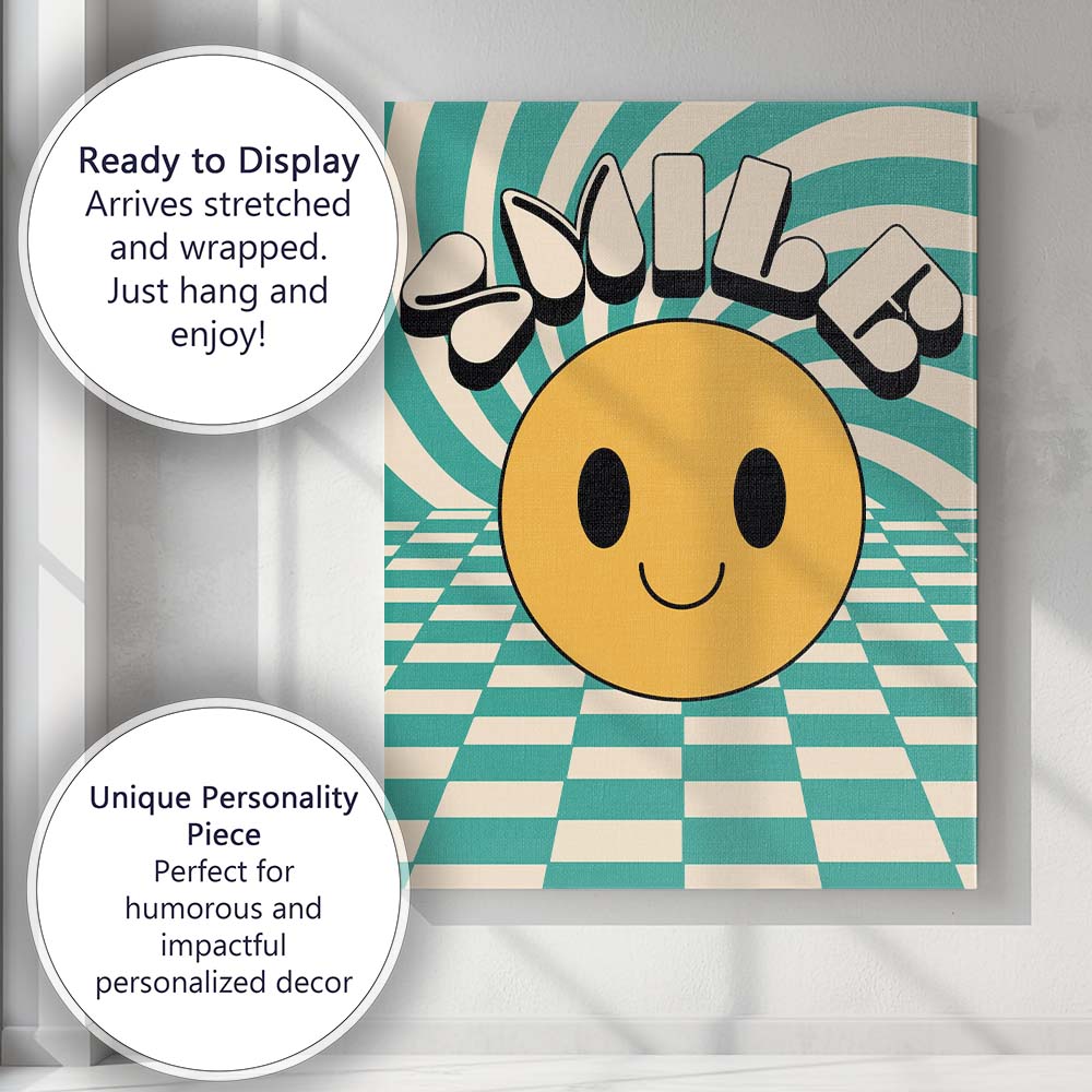 Smile Happy Face Retro Optical Illusion Typography Canvas Wall Art Print Decor Picture Ready to Hang