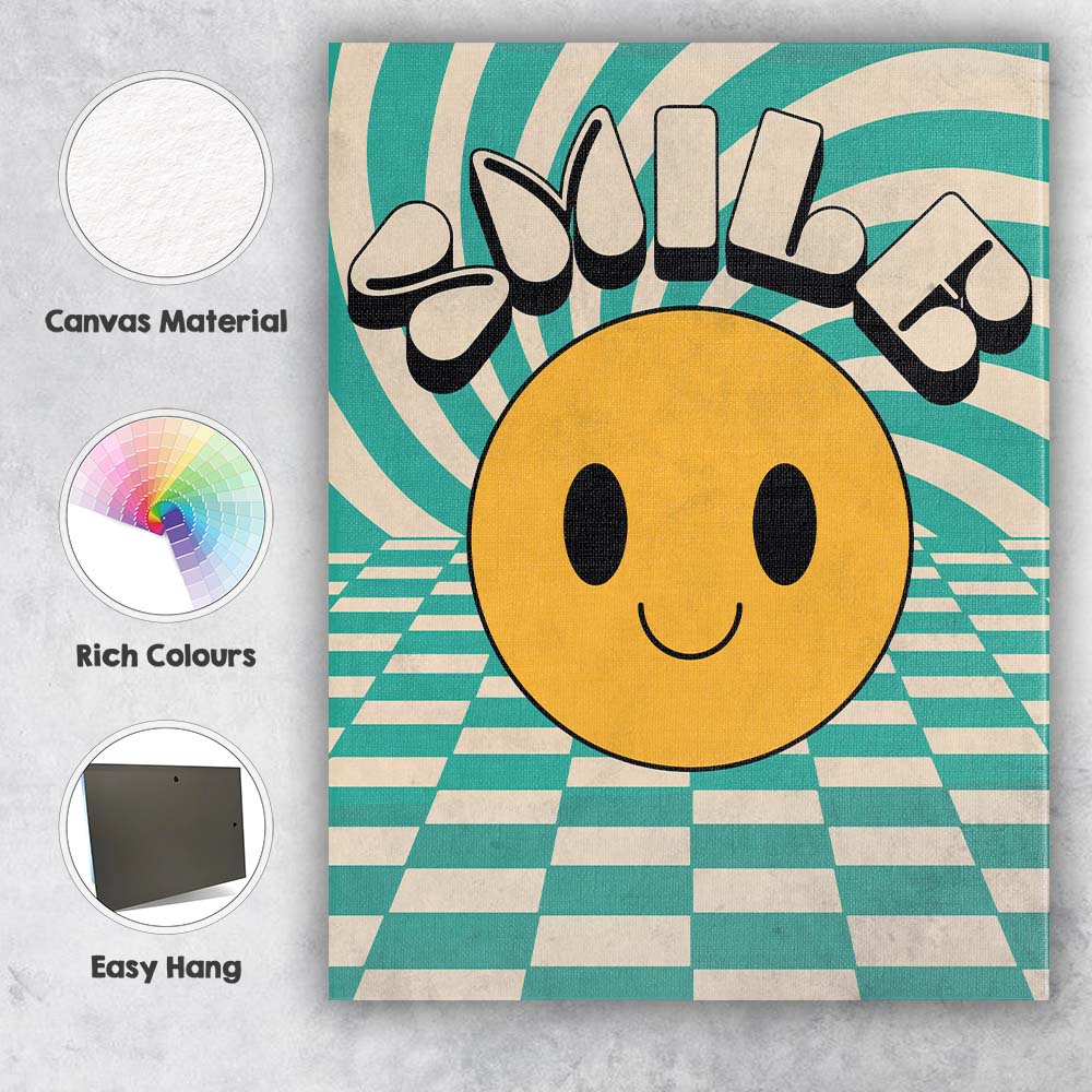 Smile Happy Face Retro Optical Illusion Typography Canvas Wall Art Print Decor Picture Ready to Hang