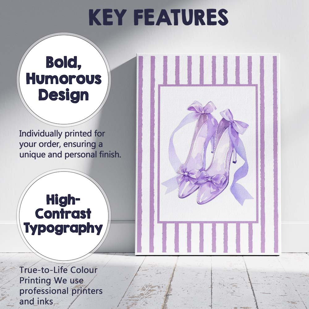 Watercolour Lavender Bow High Heel Shoes Fashion Illustration Canvas Wall Art Print Decor Picture Ready to Hang