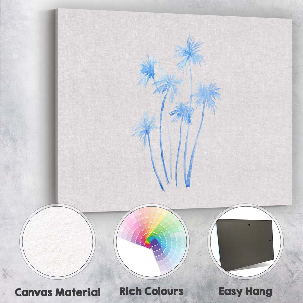 Minimalist Blue Watercolour Tropical Palm Trees Illustration Canvas Wall Art Print Decor Picture Ready to Hang