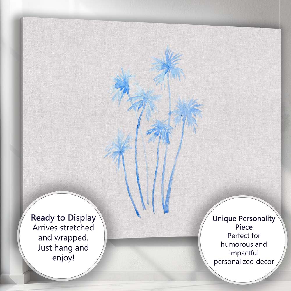 Minimalist Blue Watercolour Tropical Palm Trees Illustration Canvas Wall Art Print Decor Picture Ready to Hang
