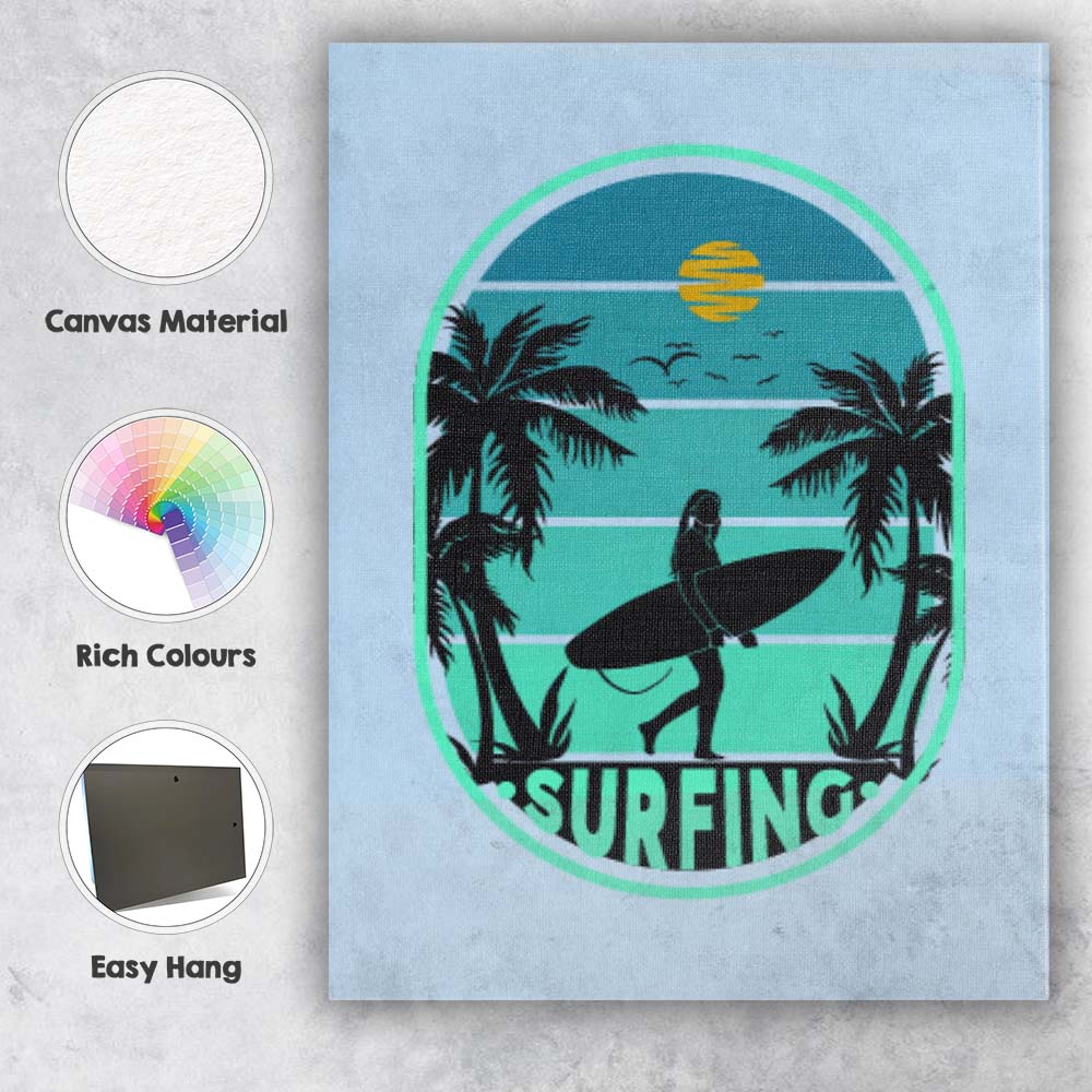 Retro Tropical Surfing Beach Sunset Silhouette Canvas Wall Art Print Decor Picture Ready to Hang