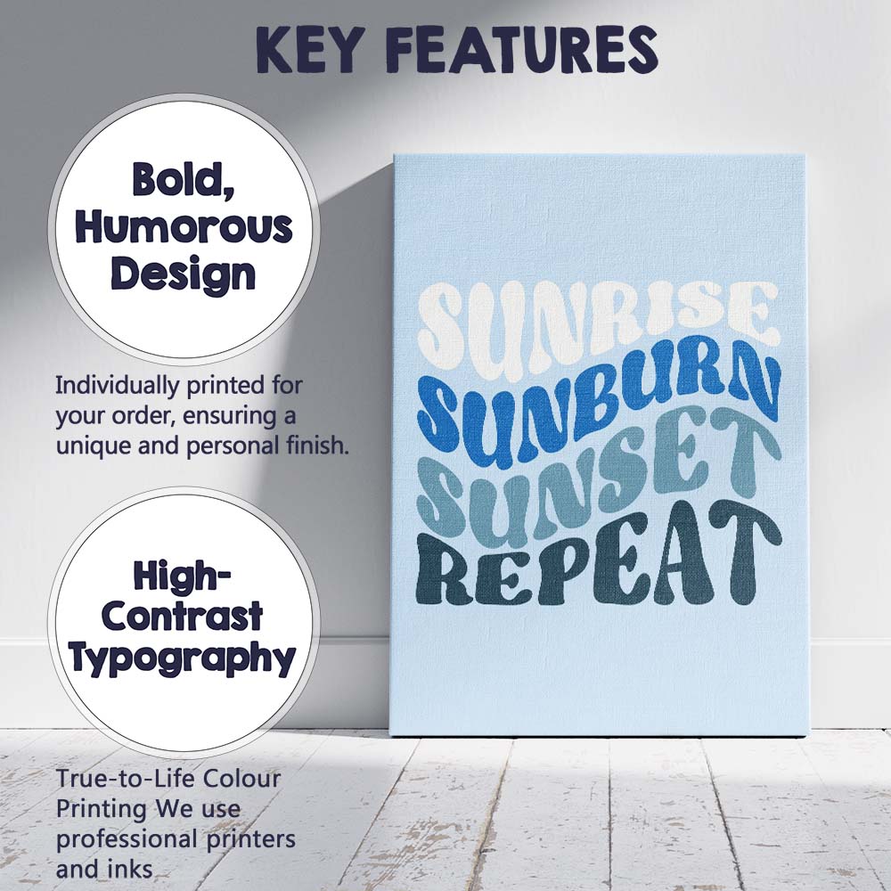 Sunrise Sunburn Sunset Repeat Coastal Typography Canvas Wall Art Print Decor Picture Ready to Hang