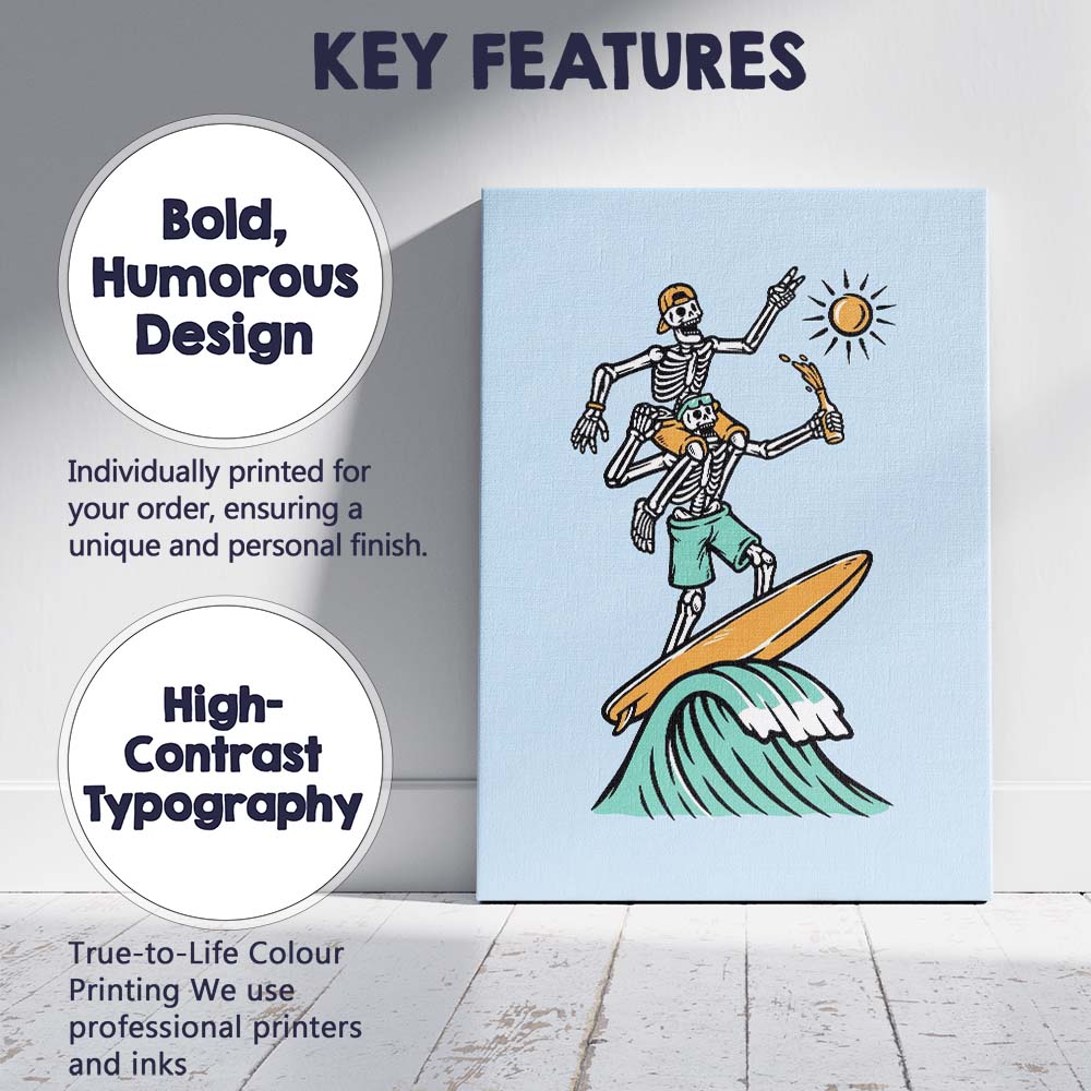 Surfing Skeleton Riding Waves Beach Illustration Canvas Wall Art Print Decor Picture Ready to Hang