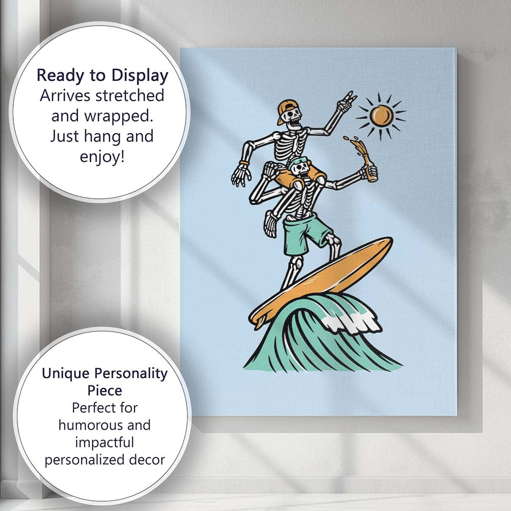 Surfing Skeleton Riding Waves Beach Illustration Canvas Wall Art Print Decor Picture Ready to Hang
