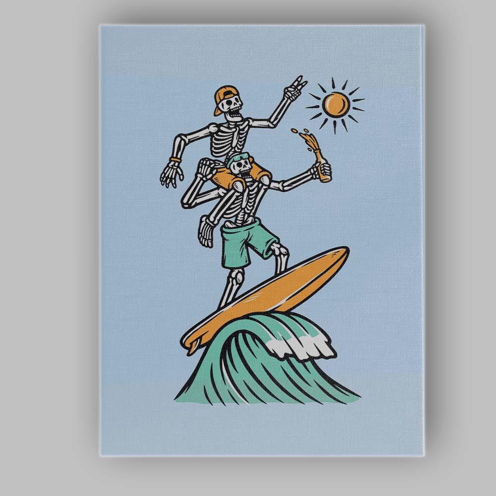 Surfing Skeleton Riding Waves Beach Illustration Canvas Wall Art Print Decor Picture Ready to Hang