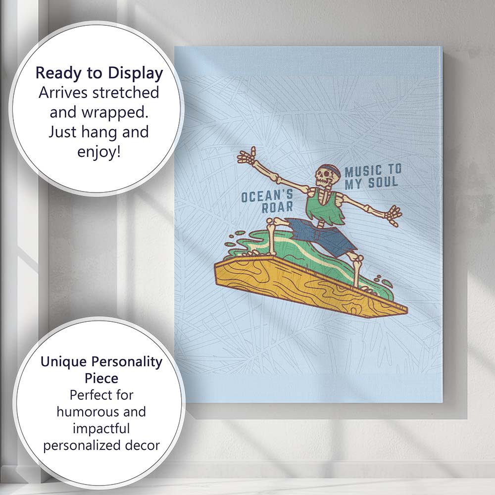 Ocean Roar Music To My Soul Surfing Skeleton Illustration Canvas Wall Art Print Decor Picture Ready to Hang