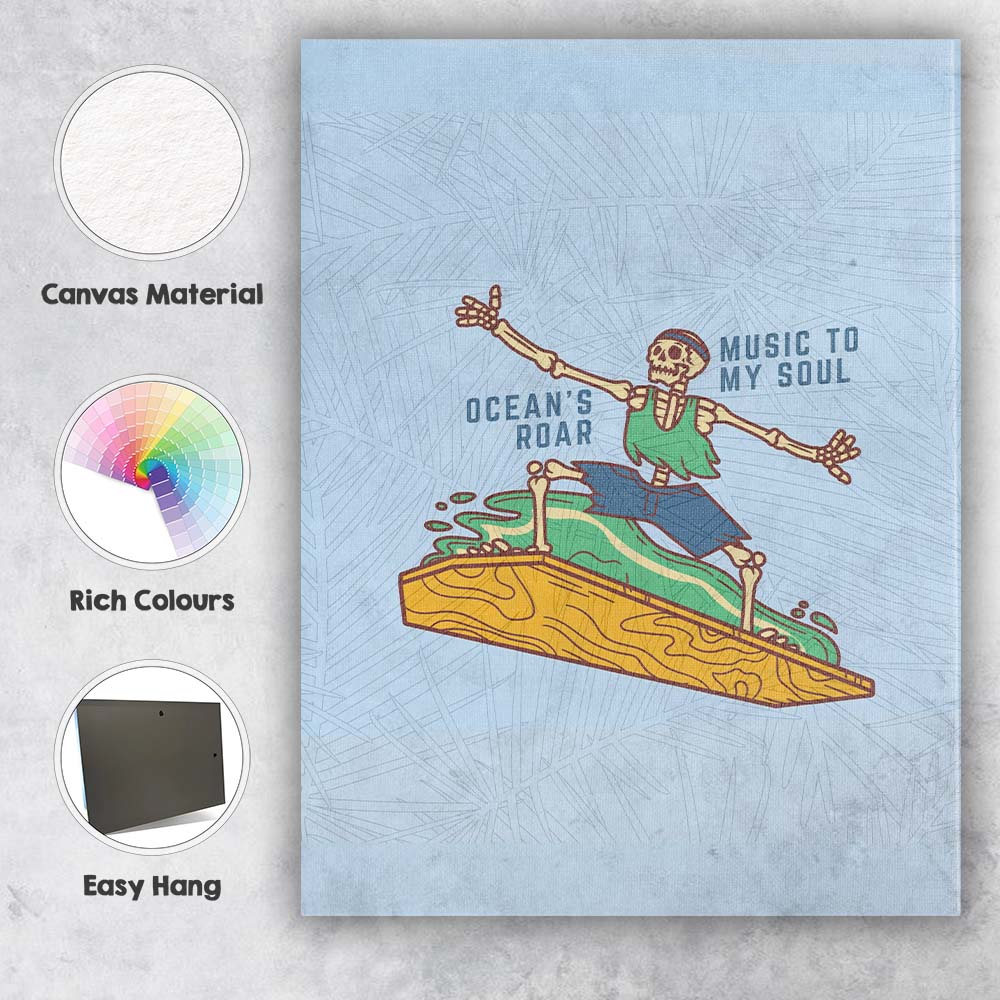 Ocean Roar Music To My Soul Surfing Skeleton Illustration Canvas Wall Art Print Decor Picture Ready to Hang