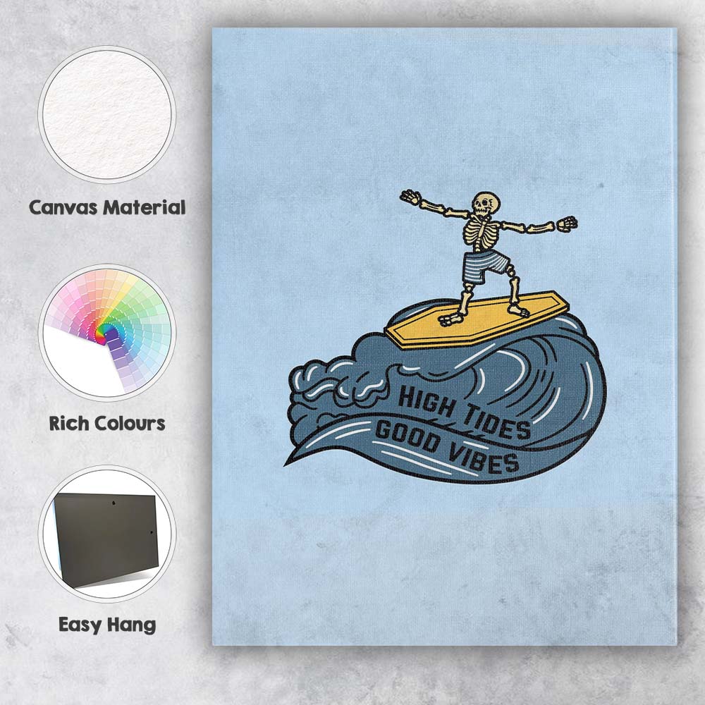 High Tides Good Vibes Skeleton Surfing Illustration Canvas Wall Art Print Decor Picture Ready to Hang