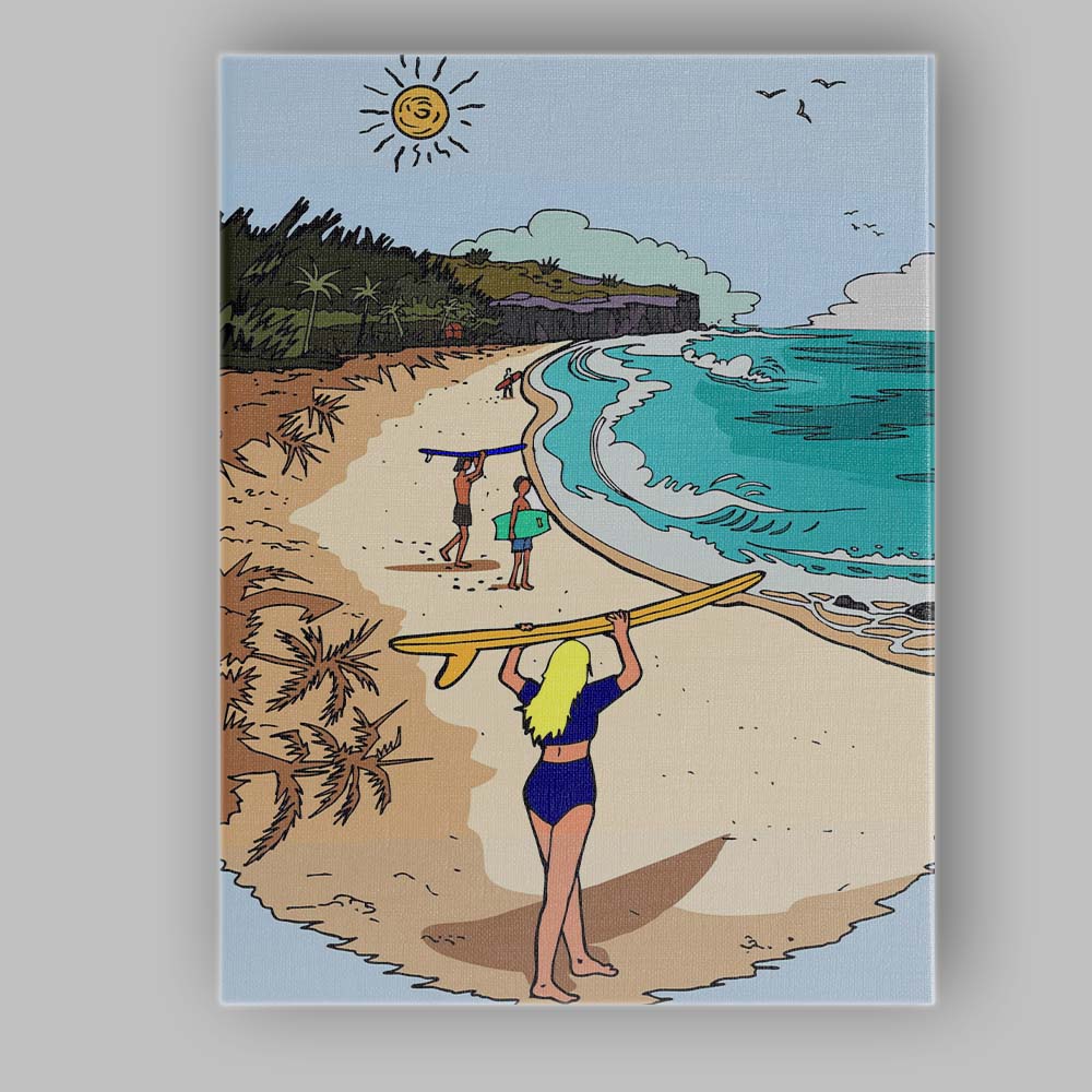 Tropical Beach Surfers Coastal Ocean Scene Illustration Canvas Wall Art Print Decor Picture Ready to Hang