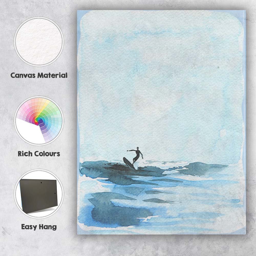 Blue Watercolour Ocean Surfer Minimal Coastal Painting Canvas Wall Art Print Decor Picture Ready to Hang