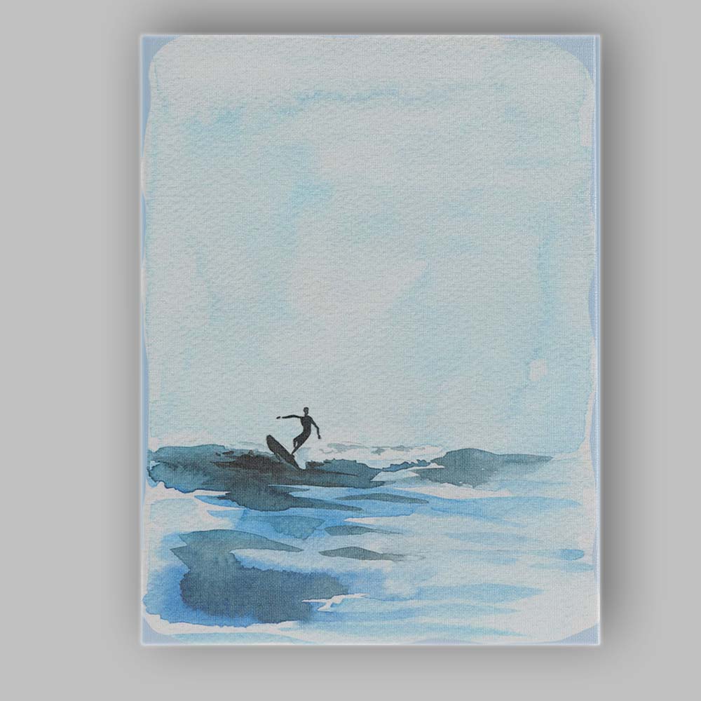 Blue Watercolour Ocean Surfer Minimal Coastal Painting Canvas Wall Art Print Decor Picture Ready to Hang