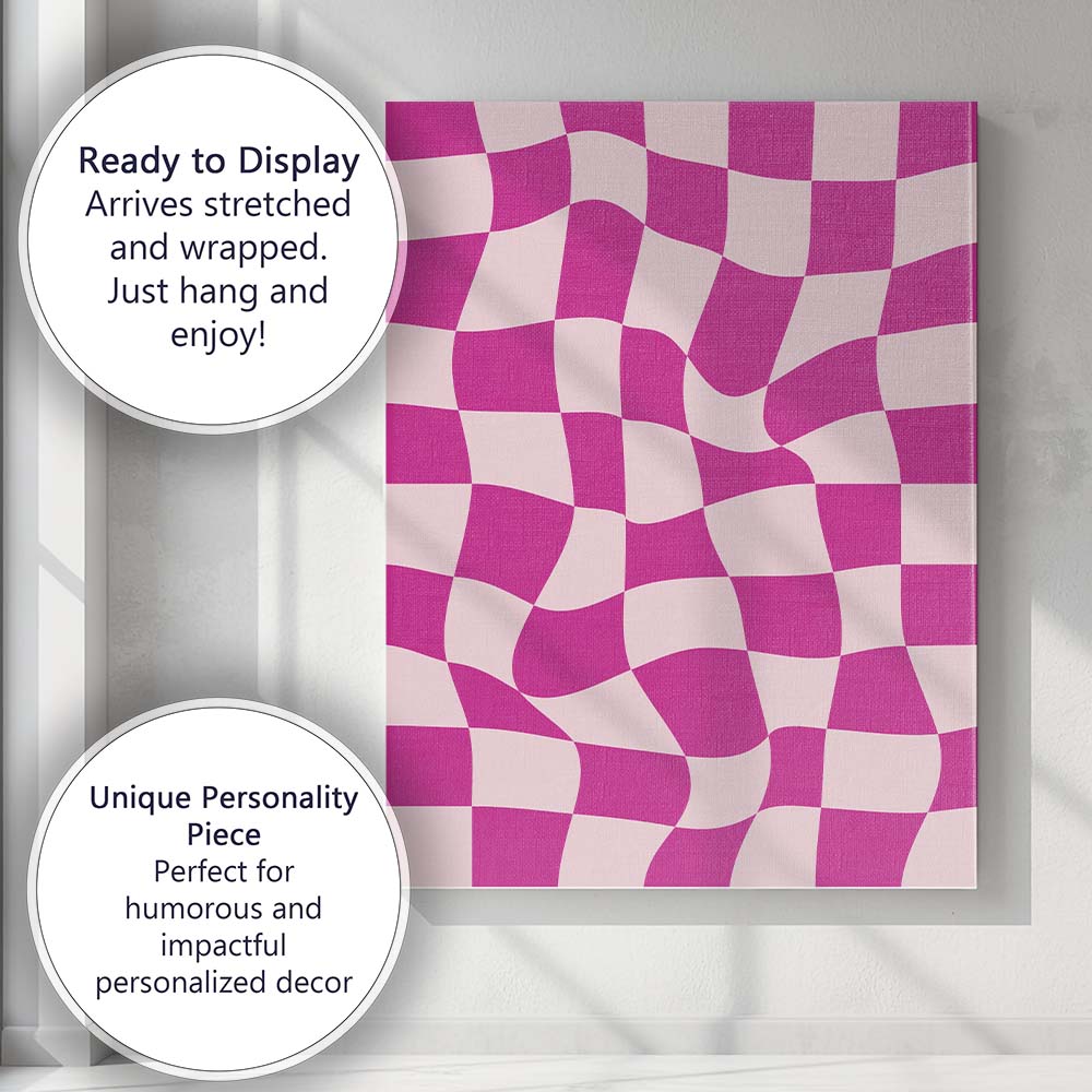 Pink Wavy Checkerboard Abstract Geometric Pattern Canvas Wall Art Print Decor Picture Ready to Hang