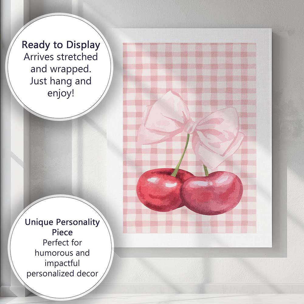 Watercolour Cherry Pink Gingham Coquette Bow Canvas Wall Art Print Decor Picture Ready to Hang