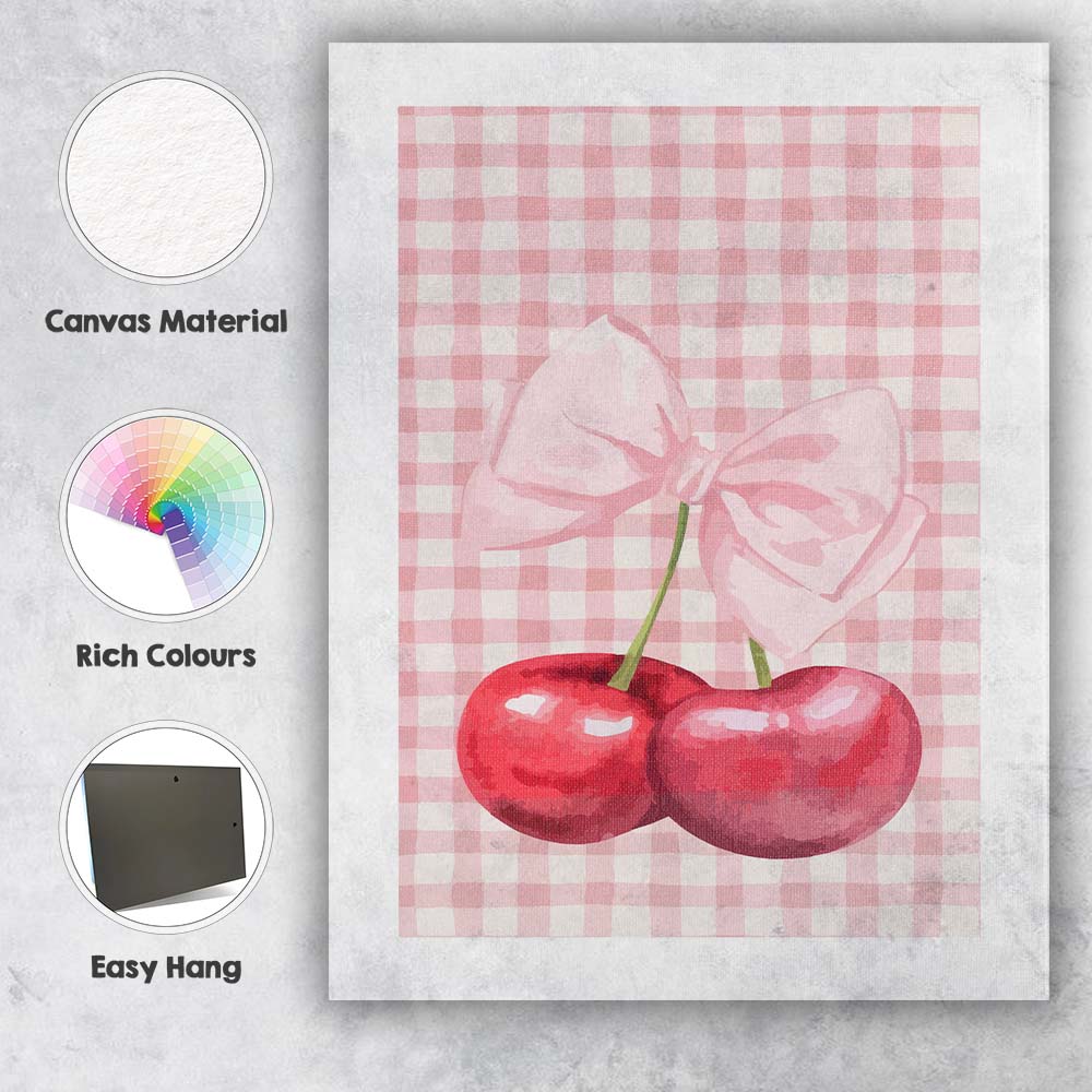 Watercolour Cherry Pink Gingham Coquette Bow Canvas Wall Art Print Decor Picture Ready to Hang