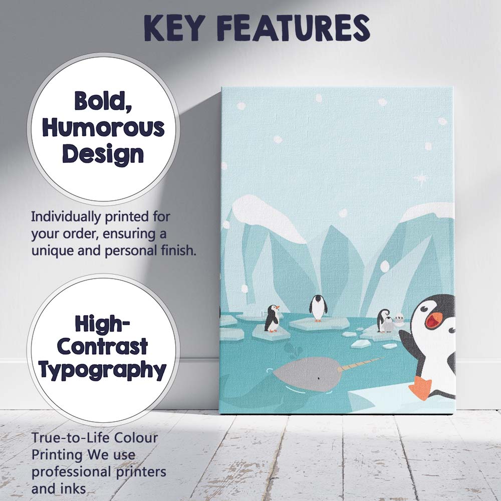 Cute Penguin Family Arctic Narwhal Winter Illustration Canvas Wall Art Print Decor Picture Ready to Hang