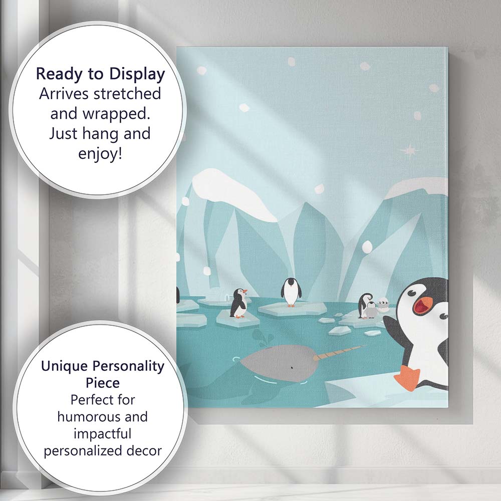 Cute Penguin Family Arctic Narwhal Winter Illustration Canvas Wall Art Print Decor Picture Ready to Hang