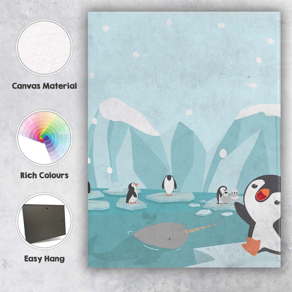 Cute Penguin Family Arctic Narwhal Winter Illustration Canvas Wall Art Print Decor Picture Ready to Hang