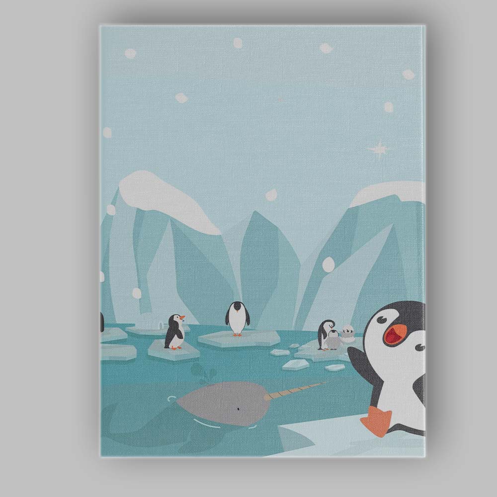Cute Penguin Family Arctic Narwhal Winter Illustration Canvas Wall Art Print Decor Picture Ready to Hang