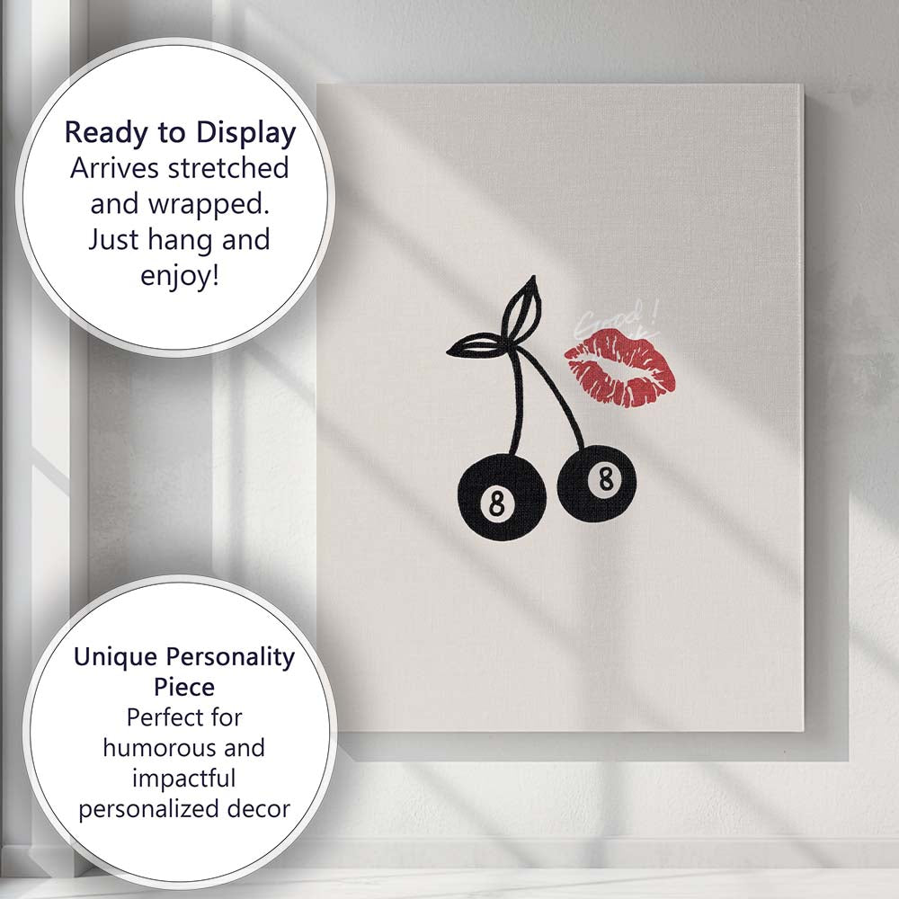 Cute Eight Ball Cherries Lip Print Minimalist Canvas Wall Art Print Decor Picture Ready to Hang