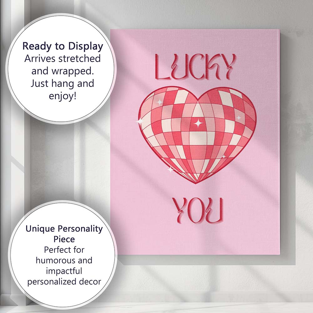 Lucky Heart Disco Ball Retro Valentine Canvas Wall Art Print Decor Picture Ready to Hang