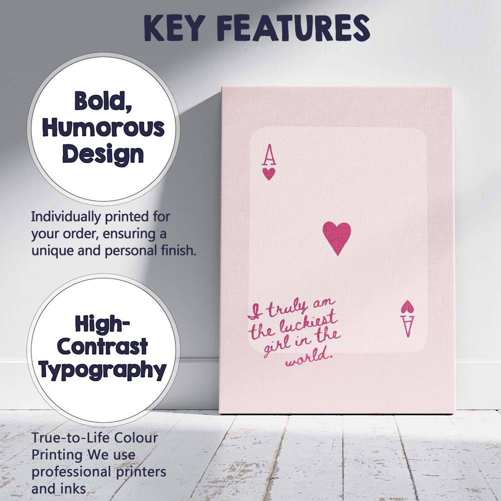 Lucky Girl Playing Card Heart Typography Canvas Wall Art Print Decor Picture Ready to Hang