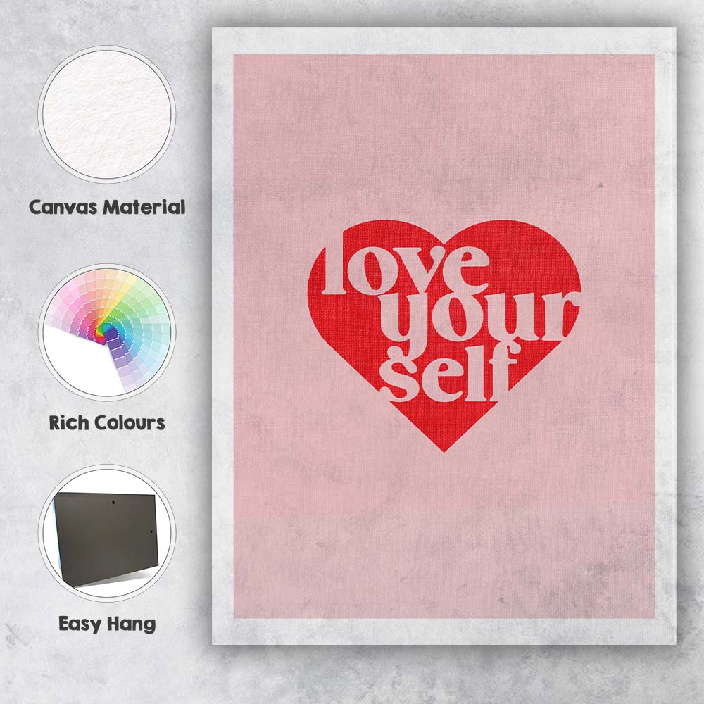 Love Your Self Heart Typography Motivational Canvas Wall Art Print Decor Picture Ready to Hang