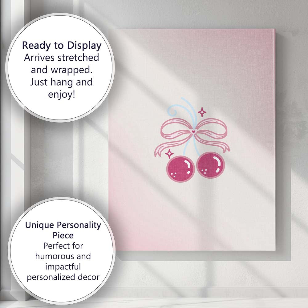 Cute Pink Cherry Bow Coquette Illustration Canvas Wall Art Print Decor Picture Ready to Hang