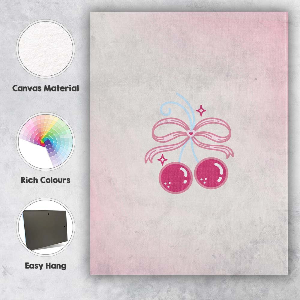 Cute Pink Cherry Bow Coquette Illustration Canvas Wall Art Print Decor Picture Ready to Hang