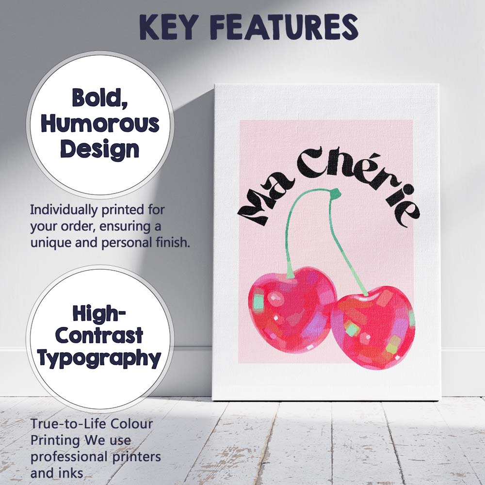 Ma Chérie Cherry Typography Retro Fruit Canvas Wall Art Print Decor Picture Ready to Hang