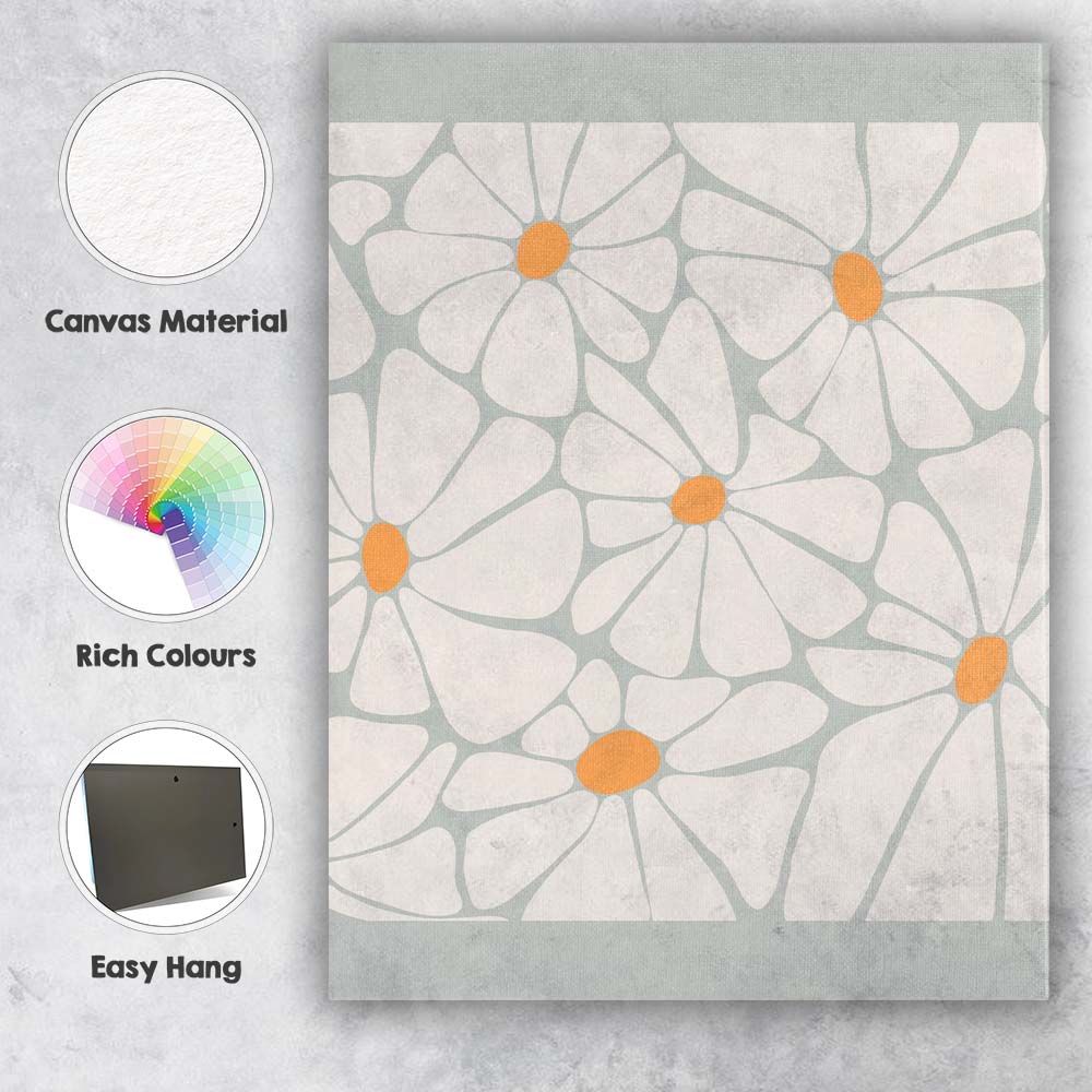 Scandinavian White Daisy Floral Repeat Pattern Canvas Wall Art Print Decor Picture Ready to Hang