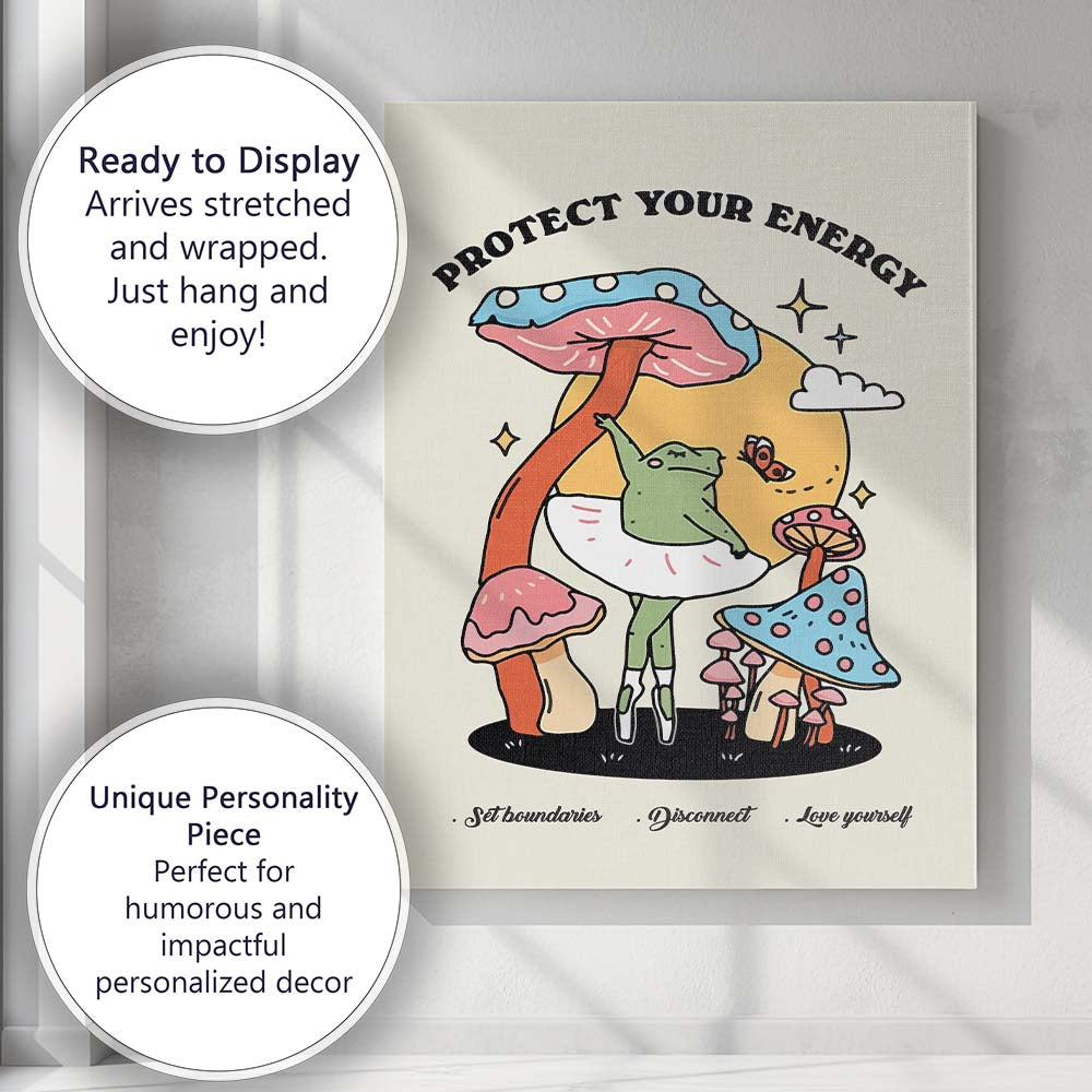 Protect Your Energy Frog Mushroom Illustration Canvas Wall Art Print Decor Picture Ready to Hang