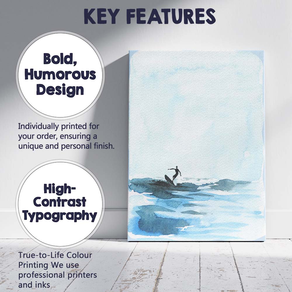 Minimalist Blue Watercolour Surfer Ocean Seascape Canvas Wall Art Print Decor Picture Ready to Hang