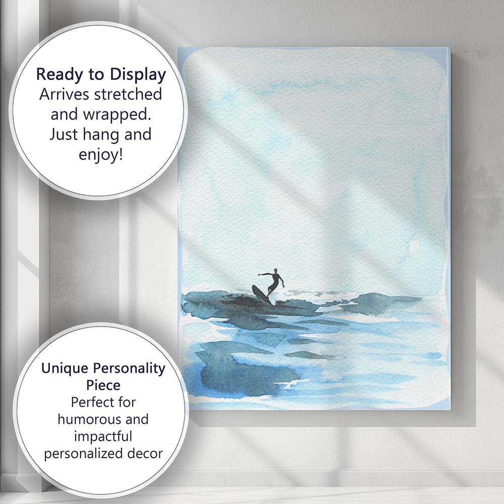 Minimalist Blue Watercolour Surfer Ocean Seascape Canvas Wall Art Print Decor Picture Ready to Hang