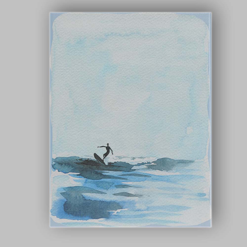 Minimalist Blue Watercolour Surfer Ocean Seascape Canvas Wall Art Print Decor Picture Ready to Hang