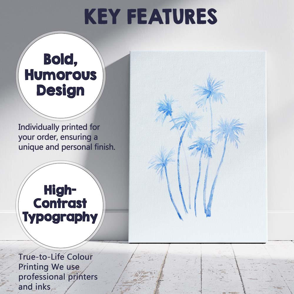 Soft Blue Watercolour Tropical Palm Trees Canvas Wall Art Print Decor Picture Ready to Hang