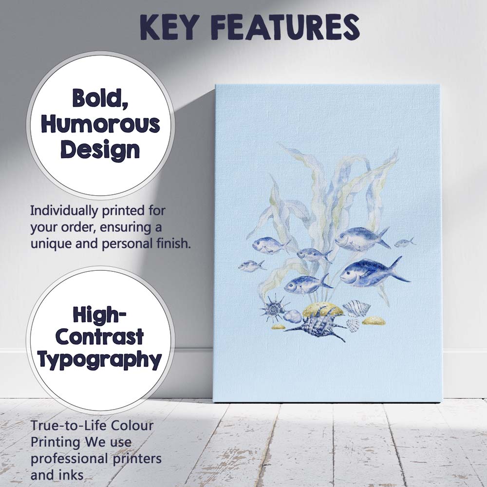 Blue Watercolour Tropical Fish Coral Reef Illustration Canvas Wall Art Print Decor Picture Ready to Hang