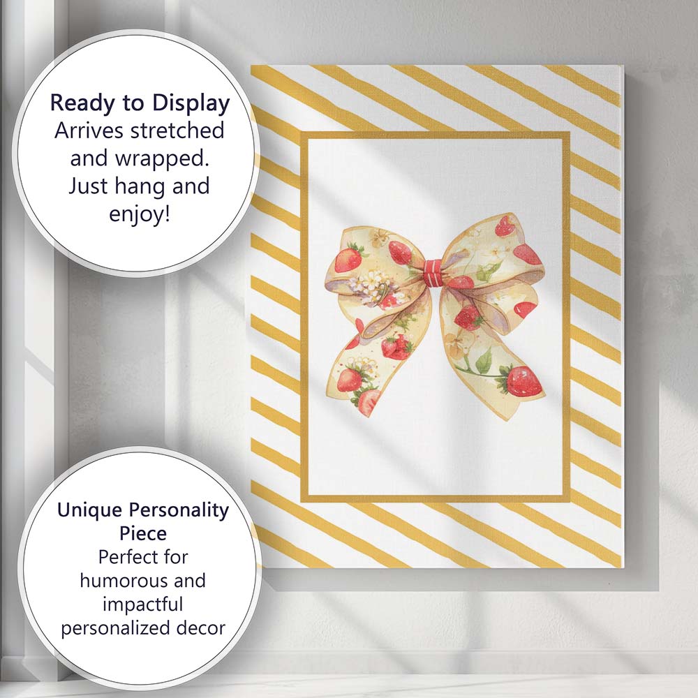 Strawberry Floral Ribbon Bow Yellow Diagonal Striped Frame Canvas Wall Art Print Decor Picture Ready to Hang