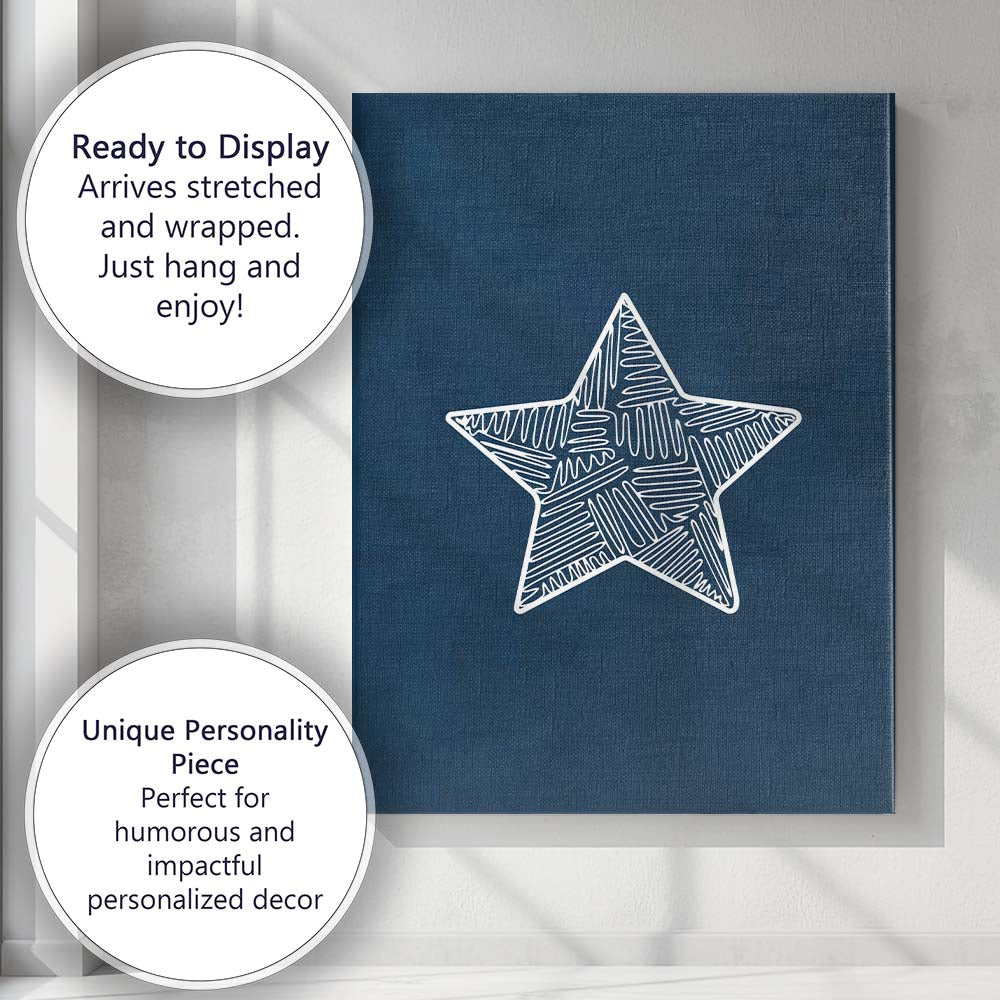 White Hand Drawn Star Navy Blue Minimalist Illustration Canvas Wall Art Print Decor Picture Ready to Hang