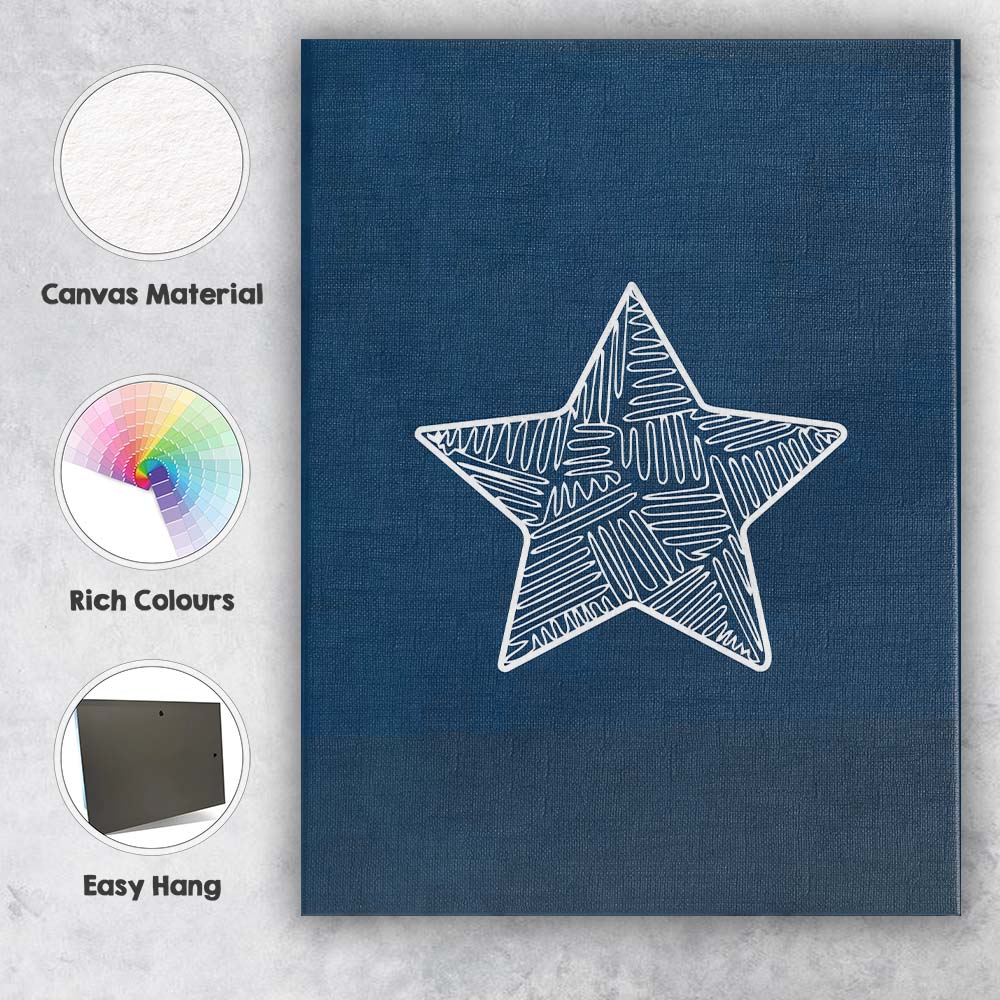 White Hand Drawn Star Navy Blue Minimalist Illustration Canvas Wall Art Print Decor Picture Ready to Hang