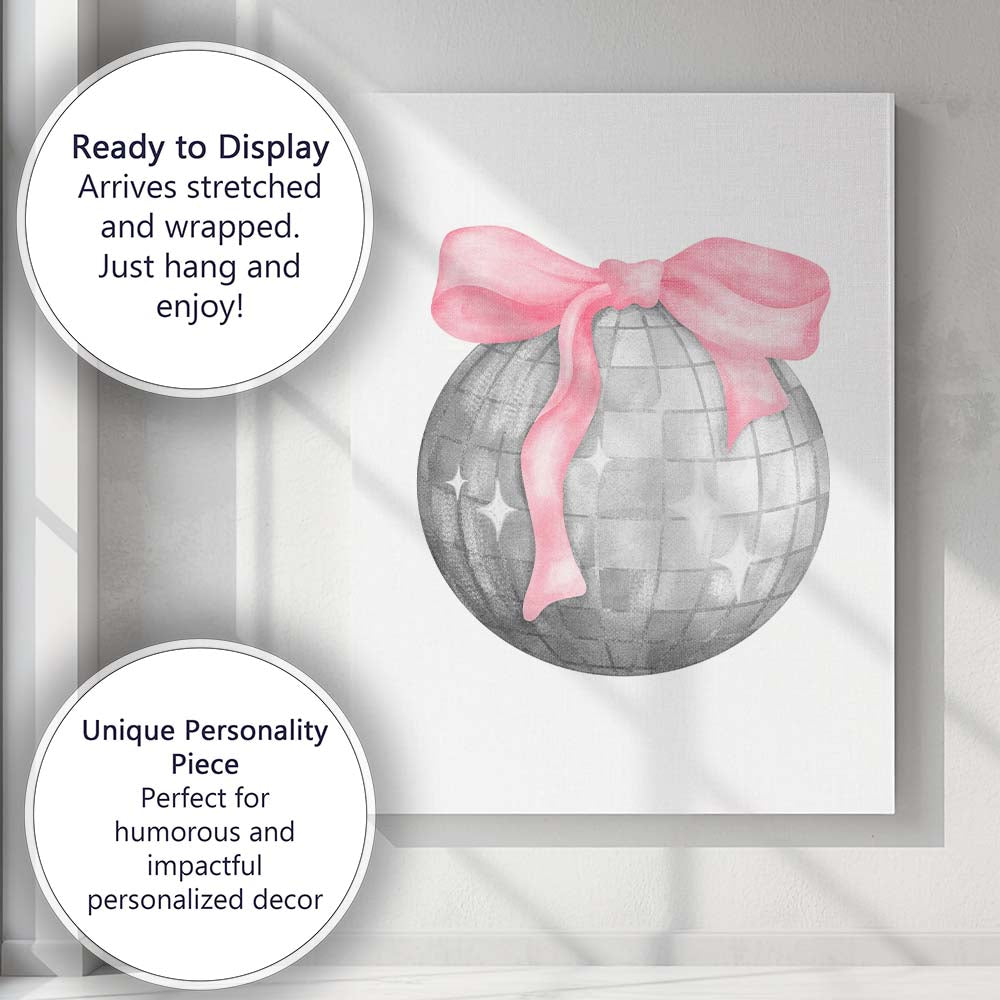 Pink Ribbon Disco Ball Coquette Watercolour Illustration Canvas Wall Art Print Decor Picture Ready to Hang
